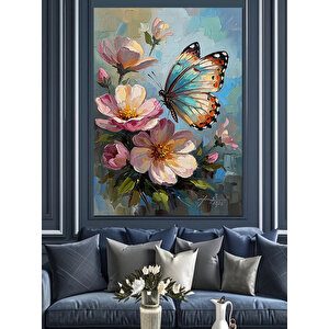 Kelebekli Ve Pembe Çiçekli Buket Dekoratif Kanvas - Mdf Ahşap Tablo 70x100 cm