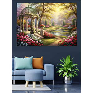 Çiçekli Bahçede Huzurlu Köşk Manzarası Dekoratif Kanvas - Mdf Ahşap Tablo 100x140 cm