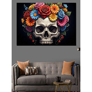 Çiçekli Taç Takan Gotik Kurukafa Dekoratif Kanvas - Mdf Ahşap Tablo 70x100 cm