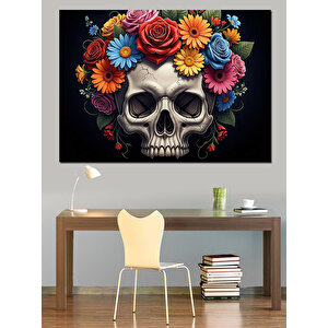 Çiçekli Taç Takan Gotik Kurukafa Dekoratif Kanvas - Mdf Ahşap Tablo 70x100 cm