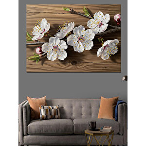 Ahşap Zemin Üzerinde Beyaz Çiçekler Dekoratif Kanvas - Mdf Ahşap Tablo 70x100 cm