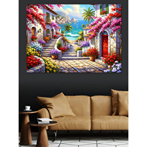 Çiçekli Akdeniz Sokağı Ve Deniz Dekoratif Kanvas - Mdf Ahşap Tablo 100x140 cm