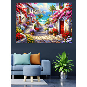 Çiçekli Akdeniz Sokağı Ve Deniz Dekoratif Kanvas - Mdf Ahşap Tablo 100x140 cm