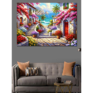Çiçekli Akdeniz Sokağı Ve Deniz Dekoratif Kanvas - Mdf Ahşap Tablo 100x140 cm