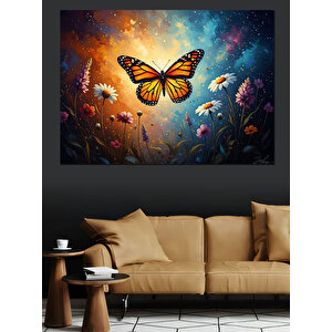 Çiçekli Bahçede Renkli Kelebek Dekoratif Kanvas - Mdf Ahşap Tablo 70x100 cm