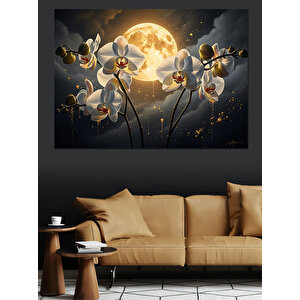 Gece Vakti Çiçekli Ay Dekoratif Kanvas - Mdf Ahşap Tablo 50x70 cm
