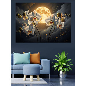Gece Vakti Çiçekli Ay Dekoratif Kanvas - Mdf Ahşap Tablo 50x70 cm