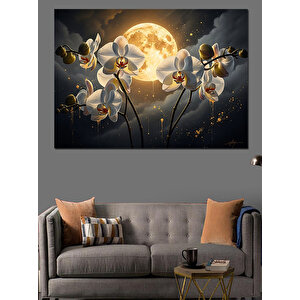 Gece Vakti Çiçekli Ay Dekoratif Kanvas - Mdf Ahşap Tablo 50x70 cm