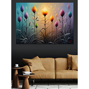 Renkli Çiçekler Ve Gökyüzü İllüstrasyonu Dekoratif Kanvas - Mdf Ahşap Tablo 70x100 cm
