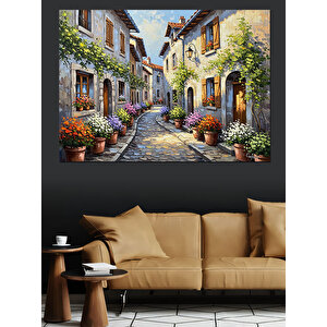Çiçekli Sokak Ve Tarihi Evler Dekoratif Kanvas - Mdf Ahşap Tablo 100x140 cm