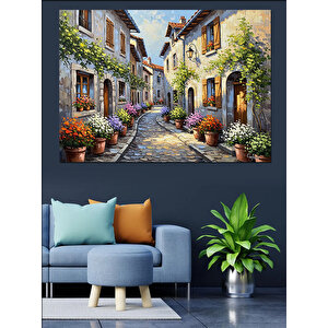 Çiçekli Sokak Ve Tarihi Evler Dekoratif Kanvas - Mdf Ahşap Tablo 100x140 cm