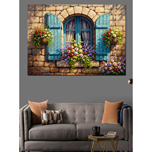 Çiçekli Pencere Ve Mavi Panjurlar Dekoratif Kanvas - Mdf Ahşap Tablo 50x70 cm