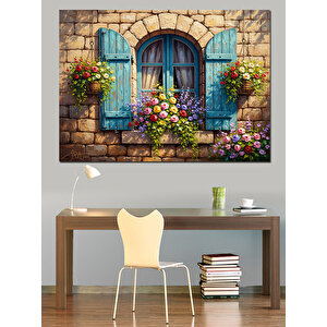 Çiçekli Pencere Ve Mavi Panjurlar Dekoratif Kanvas - Mdf Ahşap Tablo 50x70 cm