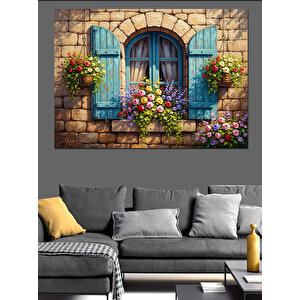 Çiçekli Pencere Ve Mavi Panjurlar Dekoratif Kanvas - Mdf Ahşap Tablo 50x70 cm