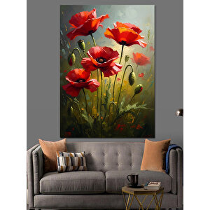 Tarlada Açan Kırmızı Gelincik Çiçekleri Dekoratif Kanvas - Mdf Ahşap Tablo 50x70 cm