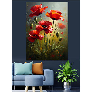 Tarlada Açan Kırmızı Gelincik Çiçekleri Dekoratif Kanvas - Mdf Ahşap Tablo 50x70 cm