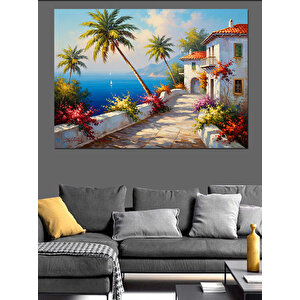 Akdeniz Kasabası Çiçekli Sokak Dekoratif Kanvas - Mdf Ahşap Tablo 50x70 cm