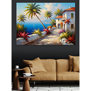 Akdeniz Kasabası Çiçekli Sokak Dekoratif Kanvas - Mdf Ahşap Tablo 50x70 cm