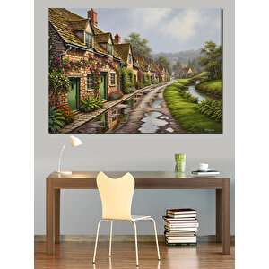 Çiçekli Yol Kenarı Köy Evleri Dekoratif Kanvas - Mdf Ahşap Tablo 50x70 cm