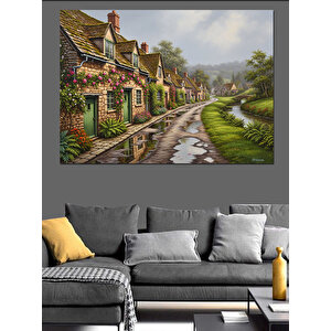 Çiçekli Yol Kenarı Köy Evleri Dekoratif Kanvas - Mdf Ahşap Tablo 50x70 cm
