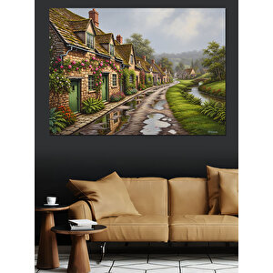 Çiçekli Yol Kenarı Köy Evleri Dekoratif Kanvas - Mdf Ahşap Tablo 50x70 cm