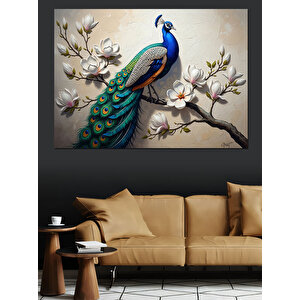 Çiçekli Dalda Duran Renkli Tavuskuşu Dekoratif Kanvas - Mdf Ahşap Tablo 70x100 cm