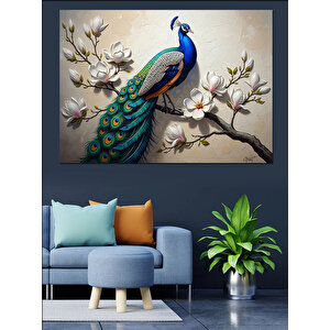 Çiçekli Dalda Duran Renkli Tavuskuşu Dekoratif Kanvas - Mdf Ahşap Tablo 70x100 cm