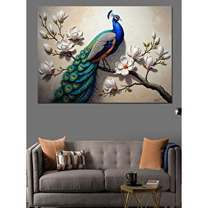 Çiçekli Dalda Duran Renkli Tavuskuşu Dekoratif Kanvas - Mdf Ahşap Tablo 70x100 cm