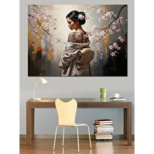 Çiçek Dalları Arasında Kimono Giyen Kadın Dekoratif Kanvas - Mdf Ahşap Tablo 100x140 cm