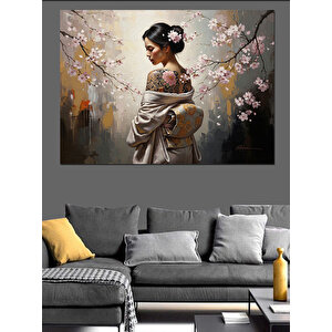 Çiçek Dalları Arasında Kimono Giyen Kadın Dekoratif Kanvas - Mdf Ahşap Tablo 100x140 cm
