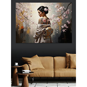 Çiçek Dalları Arasında Kimono Giyen Kadın Dekoratif Kanvas - Mdf Ahşap Tablo 100x140 cm