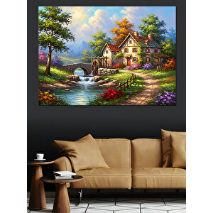 Çiçekli Bahçe Ve Taş Ev Manzarası Dekoratif Kanvas - Mdf Ahşap Tablo 100x140 cm