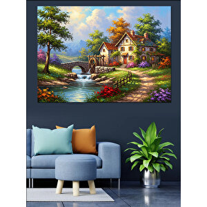 Çiçekli Bahçe Ve Taş Ev Manzarası Dekoratif Kanvas - Mdf Ahşap Tablo 100x140 cm