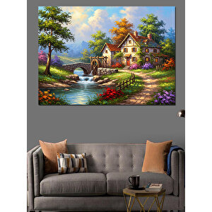 Çiçekli Bahçe Ve Taş Ev Manzarası Dekoratif Kanvas - Mdf Ahşap Tablo 100x140 cm