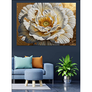 Büyük Beyaz Çiçek Ve Altın Dokular Dekoratif Kanvas - Mdf Ahşap Tablo 70x100 cm