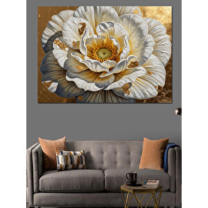 Büyük Beyaz Çiçek Ve Altın Dokular Dekoratif Kanvas - Mdf Ahşap Tablo 70x100 cm