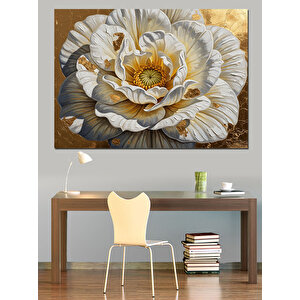 Büyük Beyaz Çiçek Ve Altın Dokular Dekoratif Kanvas - Mdf Ahşap Tablo 70x100 cm