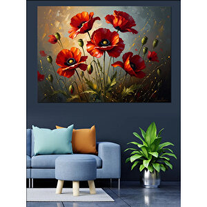 Kırmızı Gelincik Tarlası Ve Çiçekler Dekoratif Kanvas - Mdf Ahşap Tablo 70x100 cm