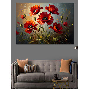 Kırmızı Gelincik Tarlası Ve Çiçekler Dekoratif Kanvas - Mdf Ahşap Tablo 70x100 cm