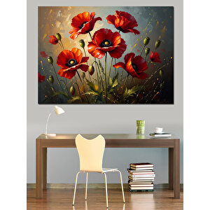 Kırmızı Gelincik Tarlası Ve Çiçekler Dekoratif Kanvas - Mdf Ahşap Tablo 70x100 cm
