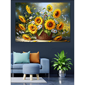 Sepet İçinde Karışık Bahar Çiçekleri Dekoratif Kanvas - Mdf Ahşap Tablo 50x70 cm