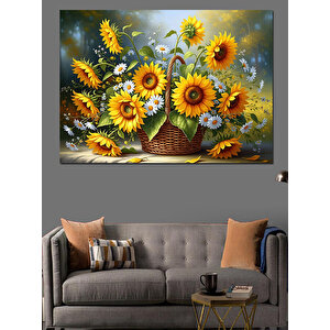 Sepet İçinde Karışık Bahar Çiçekleri Dekoratif Kanvas - Mdf Ahşap Tablo 50x70 cm