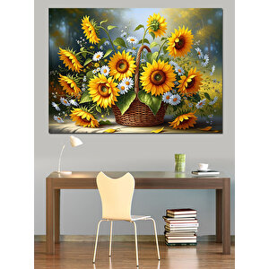 Sepet İçinde Karışık Bahar Çiçekleri Dekoratif Kanvas - Mdf Ahşap Tablo 50x70 cm