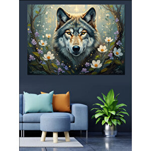 Çiçekler Arasında Vahşi Kurt Portresi Dekoratif Kanvas - Mdf Ahşap Tablo 50x70 cm