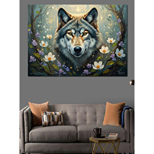 Çiçekler Arasında Vahşi Kurt Portresi Dekoratif Kanvas - Mdf Ahşap Tablo 50x70 cm