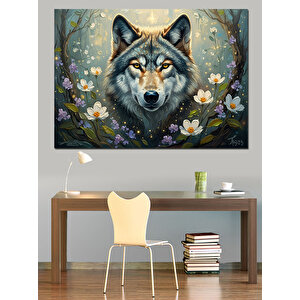 Çiçekler Arasında Vahşi Kurt Portresi Dekoratif Kanvas - Mdf Ahşap Tablo 50x70 cm