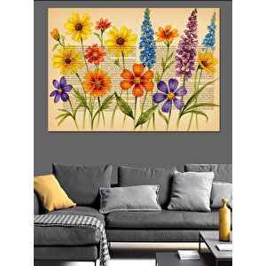 Eskitme Kağıtta Karışık Bahar Çiçekleri Dekoratif Kanvas - Mdf Ahşap Tablo 50x70 cm