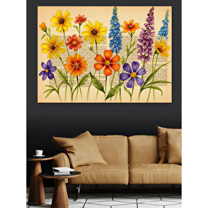 Eskitme Kağıtta Karışık Bahar Çiçekleri Dekoratif Kanvas - Mdf Ahşap Tablo 50x70 cm