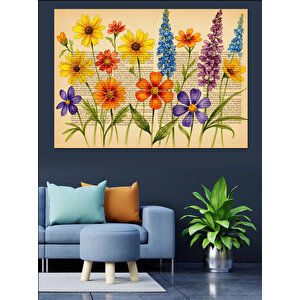 Eskitme Kağıtta Karışık Bahar Çiçekleri Dekoratif Kanvas - Mdf Ahşap Tablo 50x70 cm
