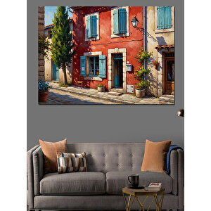 Çiçeklerle Süslü Kırmızı Ev Girişi Dekoratif Kanvas - Mdf Ahşap Tablo 50x70 cm